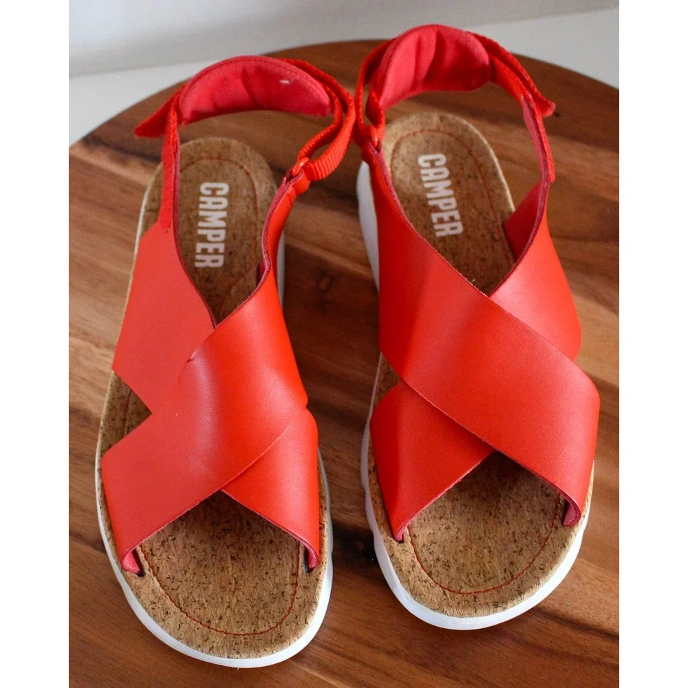 Camper Oruga Up Sandals Womens 41 / 10 US Red Leather Cork Slingback Shoes